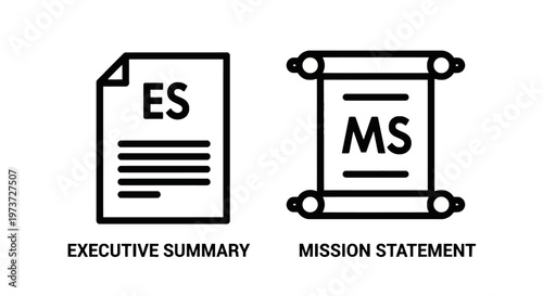Executive summary document and mission statement scroll icons for business reporting and corporate planning with black and white