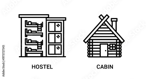 Hostel and cabin accommodation outline icons for travel and lodging