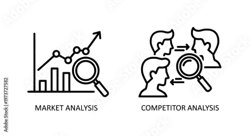 Market and competitor analysis icons for business strategy and growth research with magnifying glass with bar chart with thin line with white background