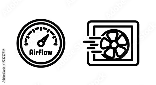 Airflow meter gauge and fan system icons for ventilation, climate control, and industrial technology applications, design element, energy efficiency