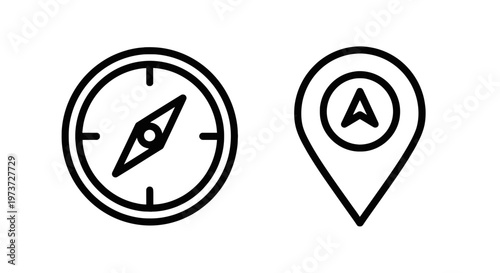 Compass and location pin icons for geographic navigation, travel planning, and digital mapping applications, design element, UI element, geo location