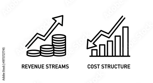 Revenue streams growth and cost structure decrease business financial vector icons with bar chart