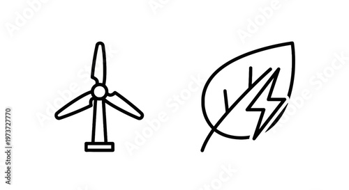 Green energy and renewable power concepts with wind turbine and eco leaf icon representing sustainable electricity generation with alternative energy