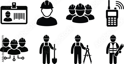 Construction worker icons depicting identification communication and field work