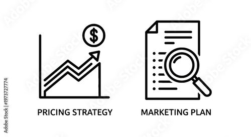 Business pricing strategy and marketing plan icons for financial growth and market analysis documents with magnifying glass with dollar sign with arrow
