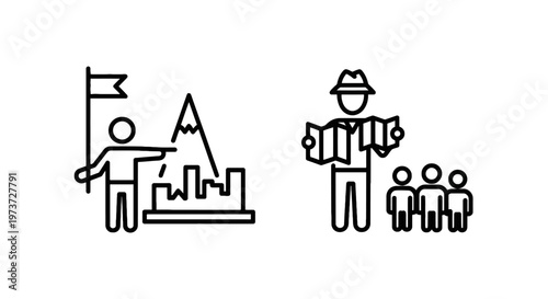 Leadership and team guidance concept with explorer guide pointing to mountain and group with map for travel and adventure with leadership development