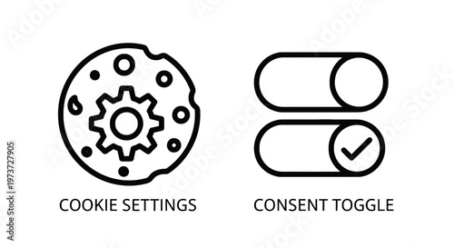 Website cookie settings and consent toggle line icons for user privacy policy and data management configuration