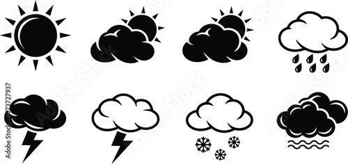 Coloring book vector icons sun clouds rain lightning snow snowflakes stormy cloud with raindrops and thunderbolt wavy water minimalist outline set for kids educational fun printable