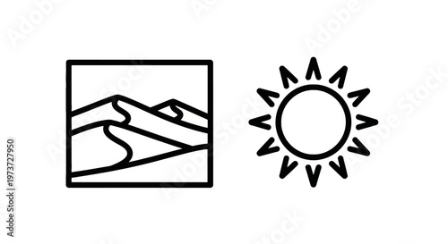 Desert landscape and sun weather icon set representing arid climate and heat in minimalist line art style