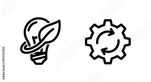 Green energy innovation and sustainable industrial process icons showing eco friendly light bulb and recycling gear