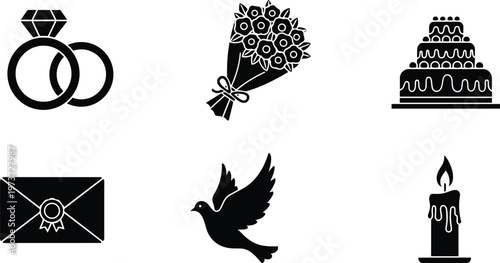 Vector art flat icons wedding rings bouquet cake envelope dove and candle arranged in six tile layout for coloring book pages simple bold linework editable monochrome