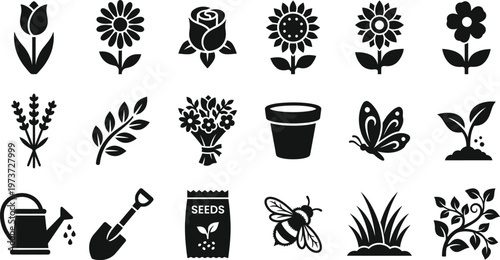 Black silhouettes of various flowers gardening tools and insects