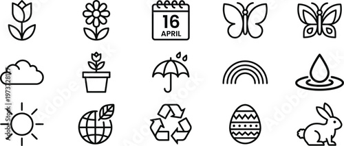 Spring themed line icons flowers weather and seasonal imagery