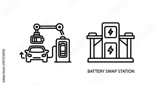 Electric vehicle battery swap station icon set with robotic arm changing car battery and power charging station infrastructure symbols for clean energy