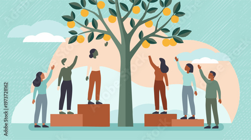 Diverse group reaching for fruit from a tree, symbolizing equity and opportunity