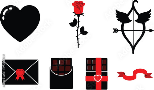 Flat vector heart rose and arrow icons for coloring book sheet with envelope chocolate gift ribbon lover couple valentines day simple line art close up bold