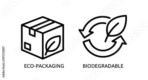 Eco-packaging and biodegradable product label icons for sustainable brand identity and environmentally friendly packaging solutions on white background