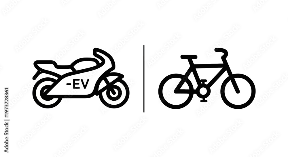 Obraz premium Black line art icons of an electric motorcycle with ev label and a traditional mountain bike for sustainable transportation concepts with eco friendly