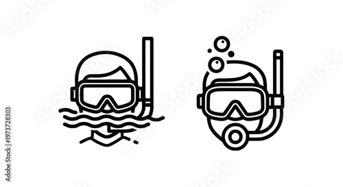 Set of black line icons depicting a person snorkeling underwater with a diving mask and snorkel tube for summer vacation and water sports activities