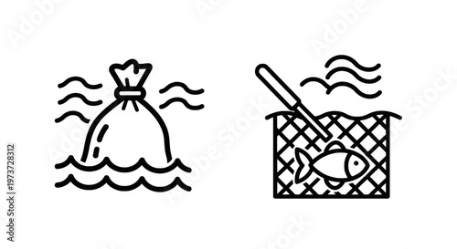 Environmental pollution icons showing a plastic garbage bag floating in the ocean and a fish caught in a net illustrating water contamination and overfishing
