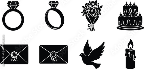 Flat vector icon set close up wedding engagement ring bouquet cake envelopes dove and candle black outline minimalist decorative art for coloring book