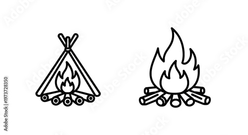 Line icons of a burning campfire and wood bonfire with flames for outdoor camping adventures wilderness survival and scout activities