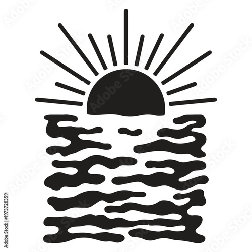 Minimalist geometric sun and ocean waves illustration in flat black and white style