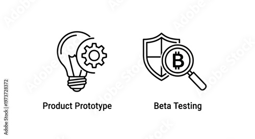 Business development icons for product prototype phase with light bulb and gear and beta testing with crypto security shield and magnifying glass