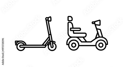 Electric scooter and mobility scooter icons for urban transportation and personal accessibility solutions representing modern micro-mobility