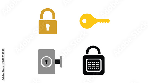 Four icons representing security and access control concepts in a minimalist style