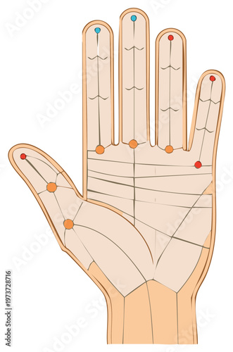 Stylized human hand palm with intricate lines and colored energy points alternative therapy diagram