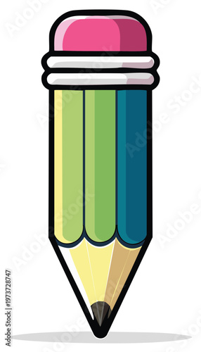 Colorful cartoon pencil with eraser tip, sharp point, illustration