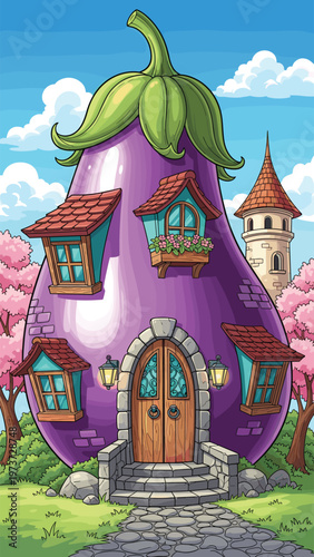 A whimsical illustration depicts a house built inside of a large purple eggplant