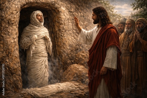 Jesus Christ raises Lazarus wrapped in burial shrouds near a stone tomb in the presence of witnesses — a biblical scene of a miracle in the style of classical painting