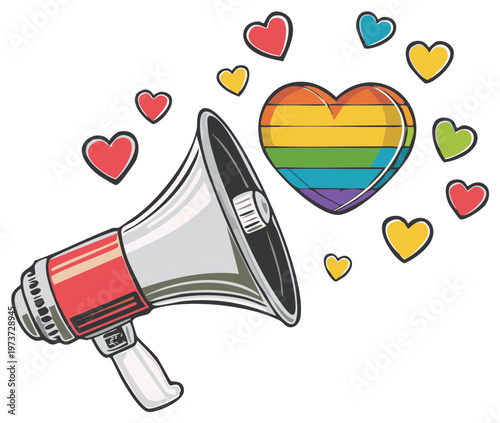 Loudspeaker announcing love and acceptance with rainbow heart and colorful hearts promoting LGBTQ rights and pride with vector illustration