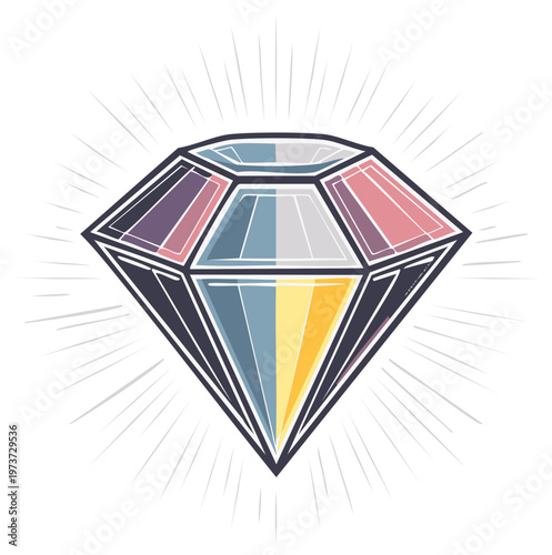 Colorful Diamond Illustration with Radiant Rays and Geometric Facets