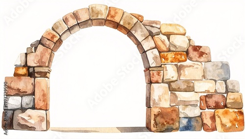 a soft watercolor painting of an ancient stone archway, weathered and textured, standing alone in a light, misty landscape