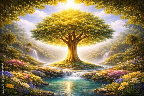 Tree of life in paradise garden with glowing light river and flowers biblical symbol eternity blessing divine presence