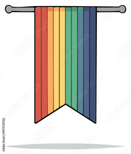 Rainbow striped banner flag hanging from a rod with a notched end