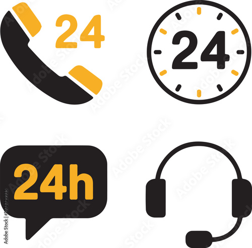 24/7 Customer Support and Service Icons Set - Professional Call Center, Helpline, and Full-Time Assistance Symbols