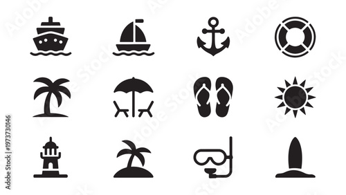 Beach and nautical vacation icon set for coastal tourism, summer resort branding, marine leisure, and travel app design