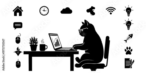 WFH Cat On Laptop Funny Pet Lifestyle Icon