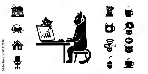 WFH Cat On Laptop Funny Pet Lifestyle Icon