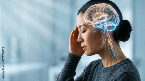 Woman with glowing brain overlay, mental health and cognitive concept