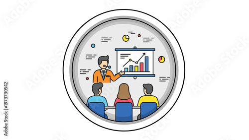 Colorful illustration inside a circle, showing a business presentation with a speaker and audience, with abstract data elements, representing training or growth.