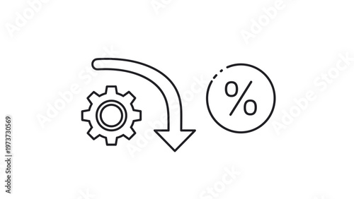 Outline icon showing a gear with a curved arrow pointing downwards towards a circled percentage symbol, representing process optimization or cost reduction.