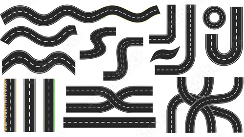Comprehensive collection of various road segments, including straight, curved, wavy, and intersections, with white dashed lines, for map design.