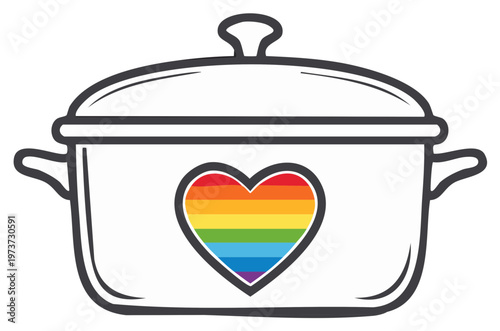 Cooking pot with rainbow heart symbol simple line art illustration for LGBTQ pride cuisine