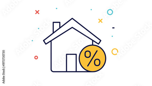 Home loan or mortgage interest rate icon featuring a simple house outline and a percentage symbol, surrounded by playful abstract shapes.