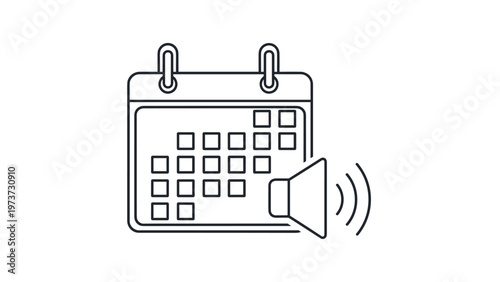 Calendar icon with an integrated speaker symbol, signifying an audio reminder, scheduled notification, or sound-related event on a specific date.